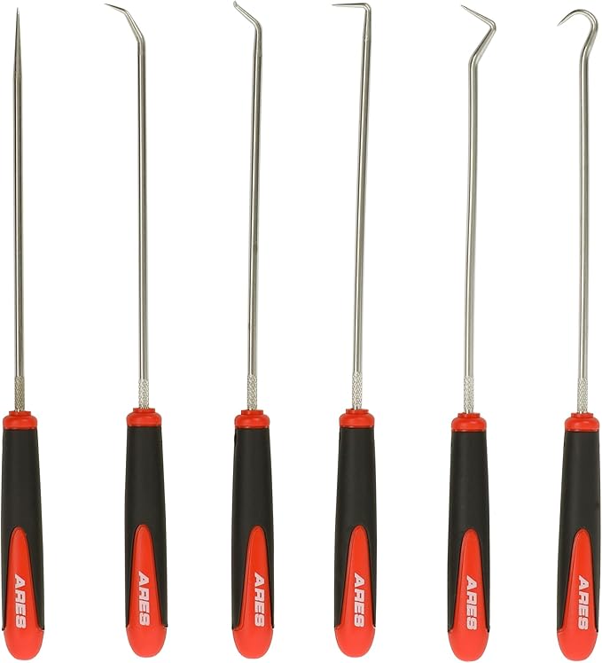 ARES 10035 – Extra Long Precision Hook and Pick Set - 6-Piece Set Includes Angled, Straight, and Full Hooks and Picks - Hardened Steel Shafts - Easily Remove Hoses, O-Rings, and Gaskets