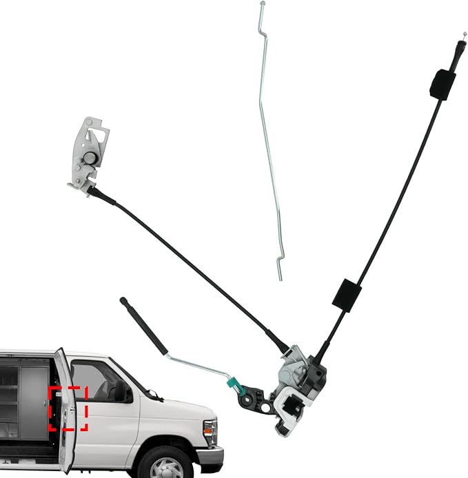 Side Door Latch Assembly with Cable & Rod, Right Passenger Side Hinged Lock for Ford 1992-2019 E150 E250 E350 Econoline Van, Door Connective Repair Lock Latch Replaces 8C2Z15264A00B