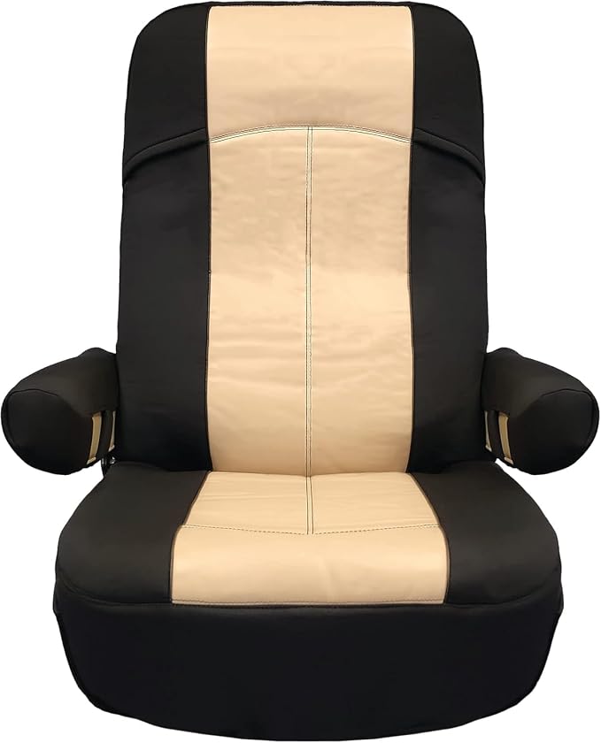 RV Designer GripFit+ Motorhome 2 Seat Covers (2-Pack) - Flexible GripFit+ Design – Class-A RV - Pet-Friendly, Easy-to-Clean, Durable, Fire Retardant - Side Pockets – Black and Tan