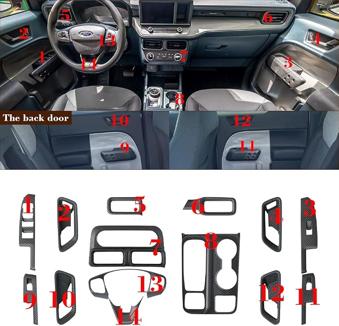 Muslogy for Maverick Set 14 Pcs Interior Decoration Trim Kit Overlays Steering Wheel Center Console Vent Window Switch Inner Door Cover Compatible with Ford Maverick 2022-2024 (Matt Carbon Fiber)