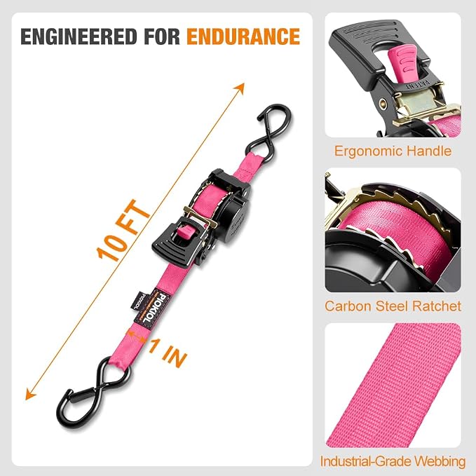 Retractable Ratchet Straps (4-Pack) - 1 Inch x 10 Feet (1,764lb Break Strength) - Heavy Duty Auto Self Retracting Tie Down Straps for Truck, Cargo Trailer, Motorcycle, ATV, UTV – Pink