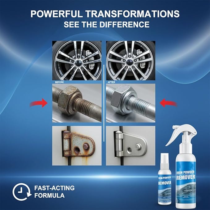 Multi-functional Quick-Acting Rust Removal Spray, 30/100ML Instant Rust Remover for Metal, Car Wheels, Tools & Bikes, Fast-Acting Iron Powder Remover, Restores Shine & Prevents Oxidation (30ml trial)
