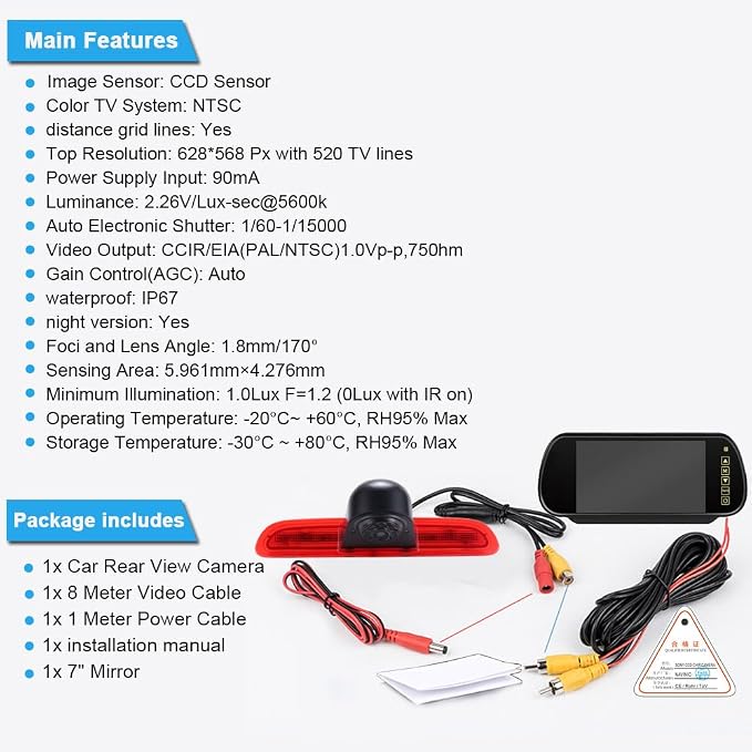 HD Brake Light Roof Rear View Reversing Camera Parking Aids with Angle Adjustable Compatible with Toyota Commuter Hiace H200 MK5 Van LWB TRH KDH Tailgate Transporter (Camera+7'' Rearview Mirror)