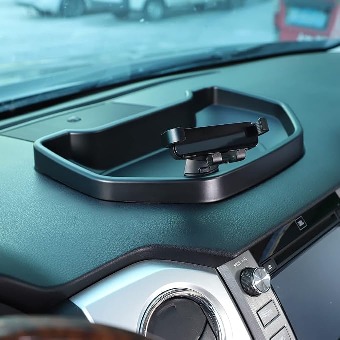 Fit for Toyota Tundra 2007-2021 Car Dash Center Console Table Storage Tray,Instrument Organizer ABS Black Materials Anti-Slip Backing Accessories (with B Style Mobile Phone Holder)