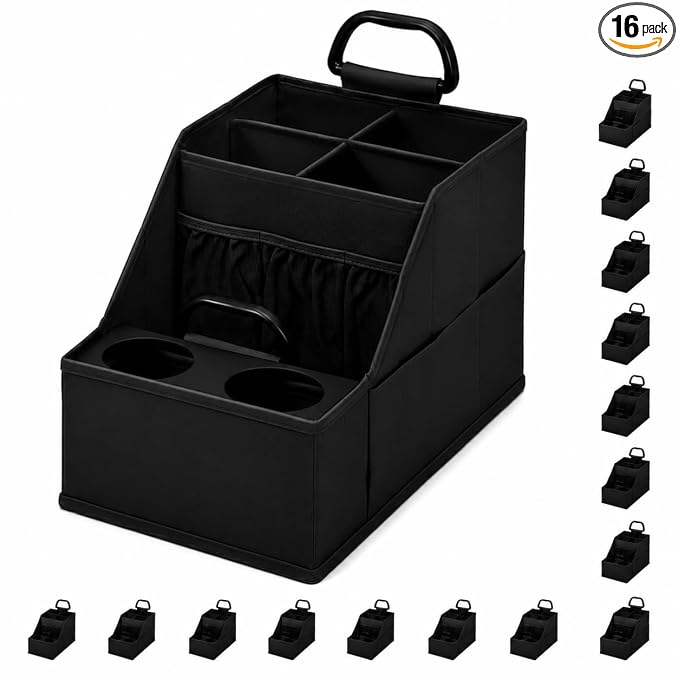 16 Pack Car Seat Organizer with Metal-Reinforced Cup Holders, 12 Storage Compartments Backseat Car Organizer, Travel Essentials for Kids Toys & Snacks, Non-Slip Seat Storage for SUV, Truck, Black