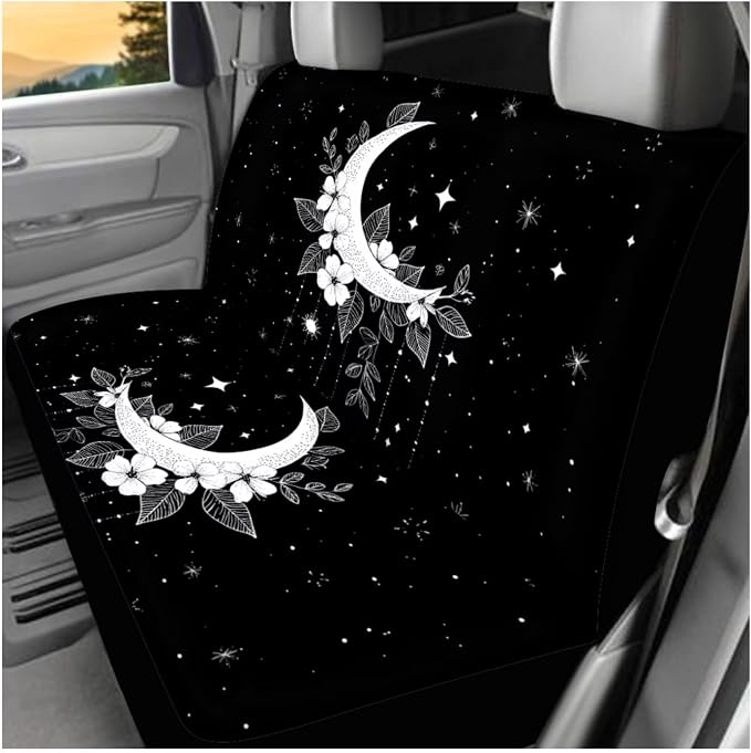Ystardream Starry Moon Car Seat Covers Full Set for Women Rubber Steering Wheel Cover Armrest Cover Seatbelt Covers Polyester Fabric Front Seat Rear Backrest Cover Bottom Cover Universal