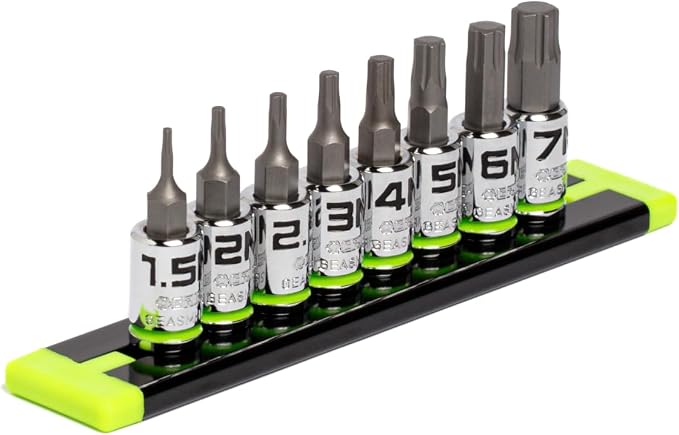 GRIPEDGE HEX Bit Socket Set | 8-PC - 1/4'' Drive Short Metric RPT Hex Driver Set | Sizes 1.5MM - 7MM | Made With S2 Steel | Includes Premium Aluminum Storage Rail |