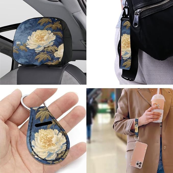 Carnation Hand Drawing 13 Pcs Seat Covers Full Set Front and Back Seat Covers Flower Art Painting Steering Wheel Cover Seatbelt Strap Cover Cup Mat Keychains