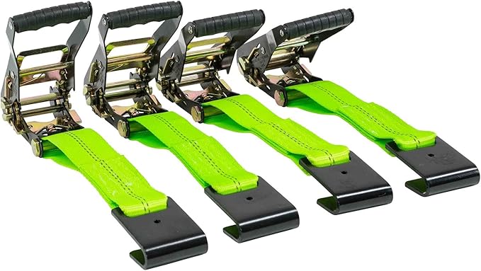 Mytee Products 4 Pack 2" x 96" Car Tie Down Straps for Trailer with Flat Hook - 3333 LB WLL Green High Viz Lasso Style Tire Straps with Ratchets