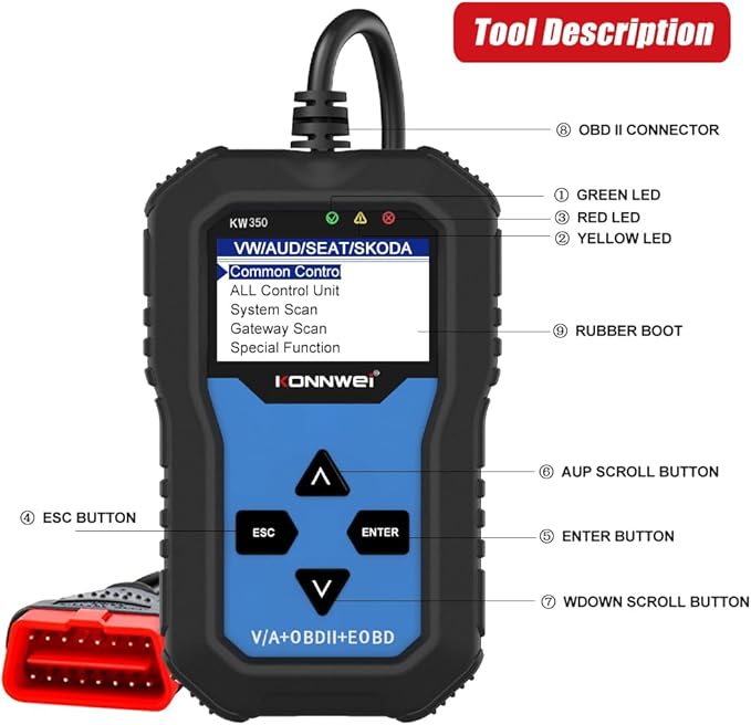Xiangtat KW350 Full System OBD2 Diagnostic Scanner for VW Audi Skoda Seat Code Reader Automotive Check Engine Light EPB ABS SRS OBDII Scan Tool Oil Throttle Position Brake Reset Tool (KW350)