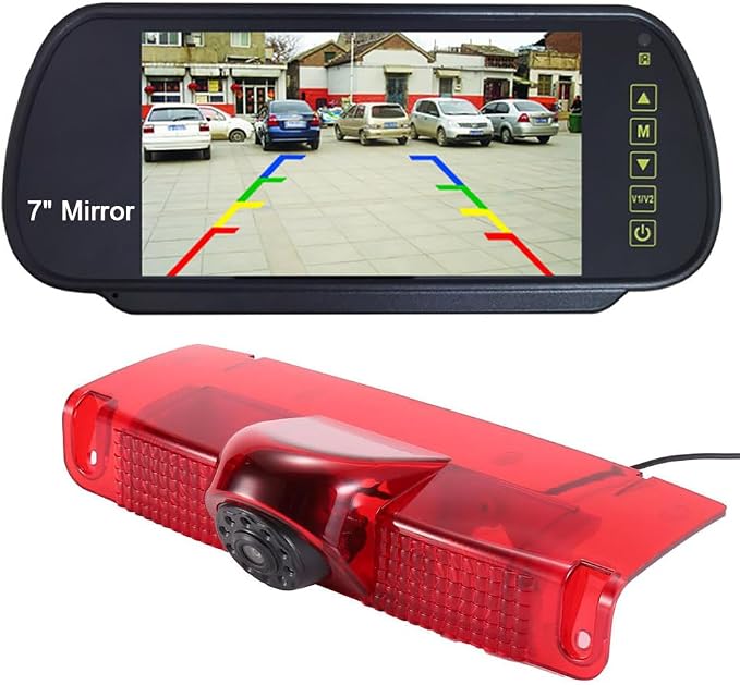 7 inch LCD Mirror Monitor+High Mount Brake Light Rear View Reverse Backup Camera Replacement for Chevrolet Express GMC Chevy Savana Exporer Vans Cargo Van 2003-2018