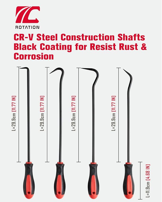 ROTATION 4-Piece Heavy-Duty Long Hook & Pick Set, Automotive Hose Removal Tools for Vehicle Radiator and Coolant Hose, Clamp, and More