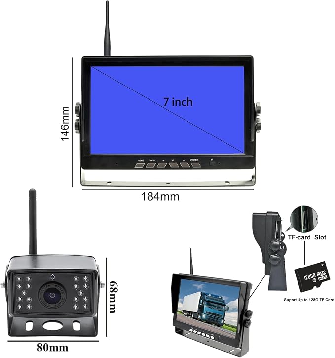 Vehicle 720P Digital Wireless Backup Camera System 7inch AHD IPS Monitor 1024X600 DVR Loop Recording+ 2pcs IP69K Waterproof IR Wireless Reversing Camera Dash Camera for Car Truck Bus RV Trailer