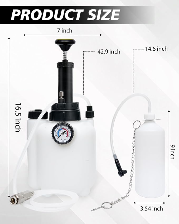 Brake Bleeder Kit with 3L Pressure Pump, 1L Waste Bottle & 4 Upgraded Adapters, Manual Brake Fluid Bleeder Tool for Most Vehicles, One-Person Operation