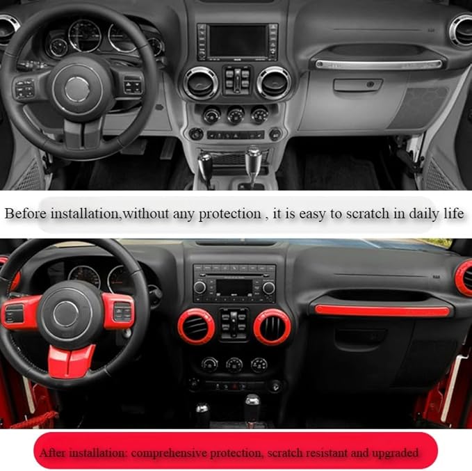 18 PCS Full Set Interior Decoration Trim Kit Steering Wheel Center Console Door Handle Air Conditioning Vent Cup Holder Gear Cover Trim for Jeep for Wrangler JK JKU 2011-2018 4-Door (Red)