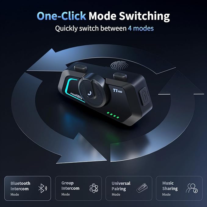 Fodsports T1 PRO Motorcycle Intercom V5.4 with Music Sharing, One-Click Switching for 4 Functional Modes, 6-Way Motorcycle Helmet Headset, FM/5 Stickers/Noise Cancellation/Stereo Music, 2 Pack