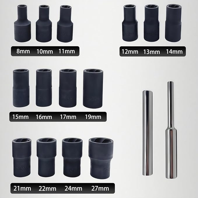 16PCS Twist Lug Nut Socket Set - 1/2 inch Drive Damaged Nut Lock Remover Extractor - Rusted & Strip & Stripped & Stuck Locking Nut Removal Tool Kit with 8-27mm Sockets & Center Punch Bar