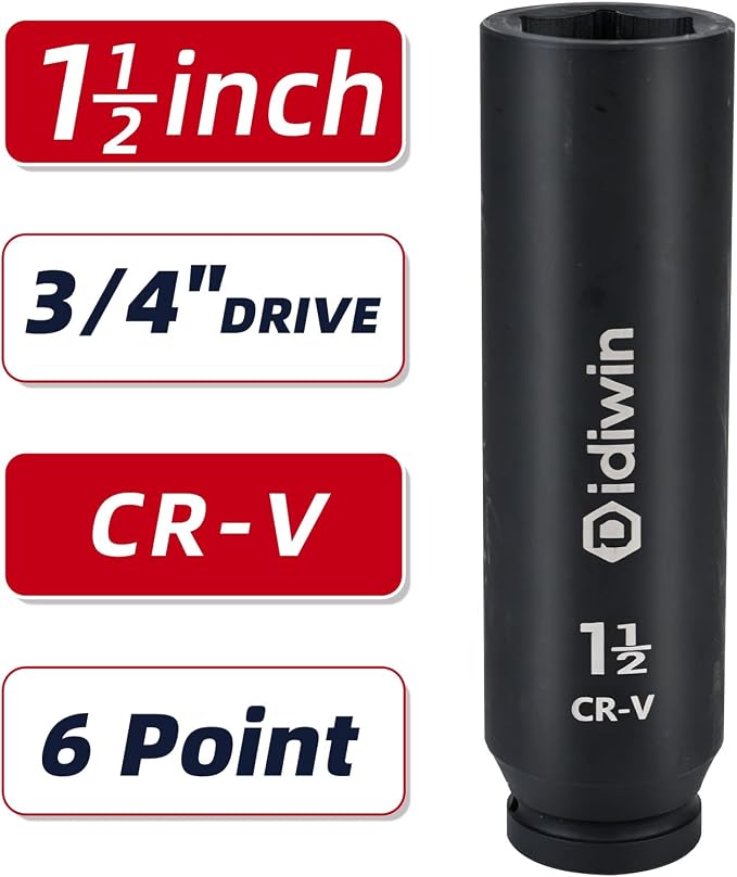 3/4" Drive 1-1/2" Extra Deep Impact Socket, 8"(200mm) Long, 6-Point Truck & Trailer & Tractor Wheel Nut Impact Socket, Heat Treated CR-V Alloy Steel, One-Piece Forged, Radius corner design