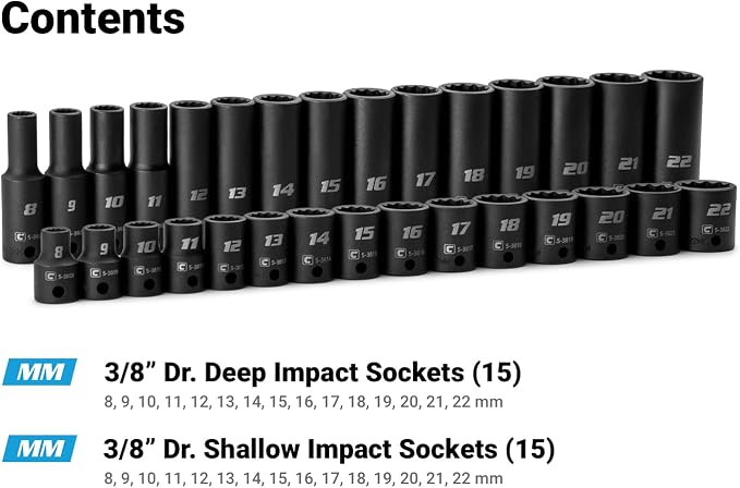 Capri Tools 3/8 in. Drive Shallow and Deep Impact Socket Set, 12-Point, Metric, 8 to 22 mm, 30-Piece