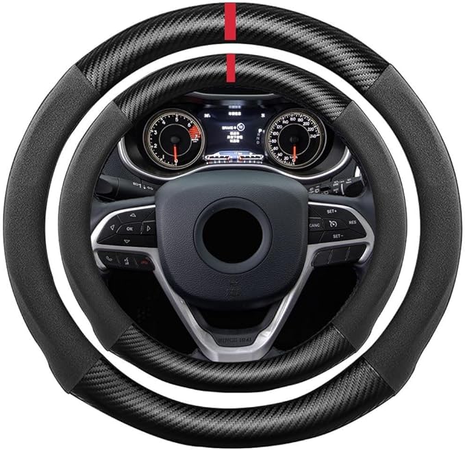 Suede Carbon Fiber Steering Wheel Cover, Compatible with Jeep Cherokee Compass Grand Cherokee Renegade Wrangler Gladiator 15 inch Soft SuedeLeather Sport Non-Slip Interior Accessories