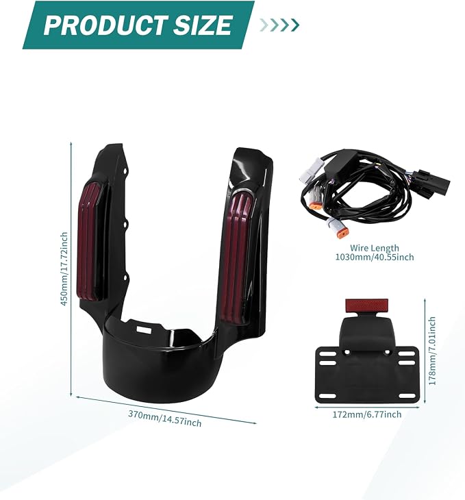 Motorcycle LED Rear Fender Extension Fascia Mudguard with Turn Signals Brake Running Lights Fit for Harley Touring CVO Road Glide Road King Electra Glide Street Glide 2014-up (Red Lens)