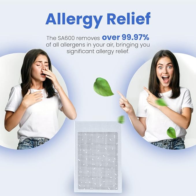 Smart Air (aka Smart Health) SA600 Air Purifier for Home & Office – Cleans 1200 ft²/30 Mins,24-53 dB,Dual-Inlet, With 2 True H13 HEPA & Activated Carbon VOC Filters for Allergies, Pets, Smoke & Odors