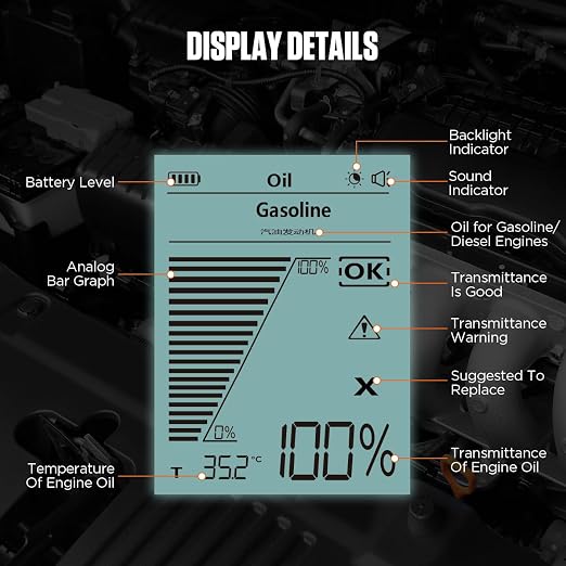Engine Oil Quality Tester, Digital Transmittance Analyzer with Temperature Display for Gasoline and Diesel Engines, 2.8" HD Backlit Screen, 800mm Flexible Probe