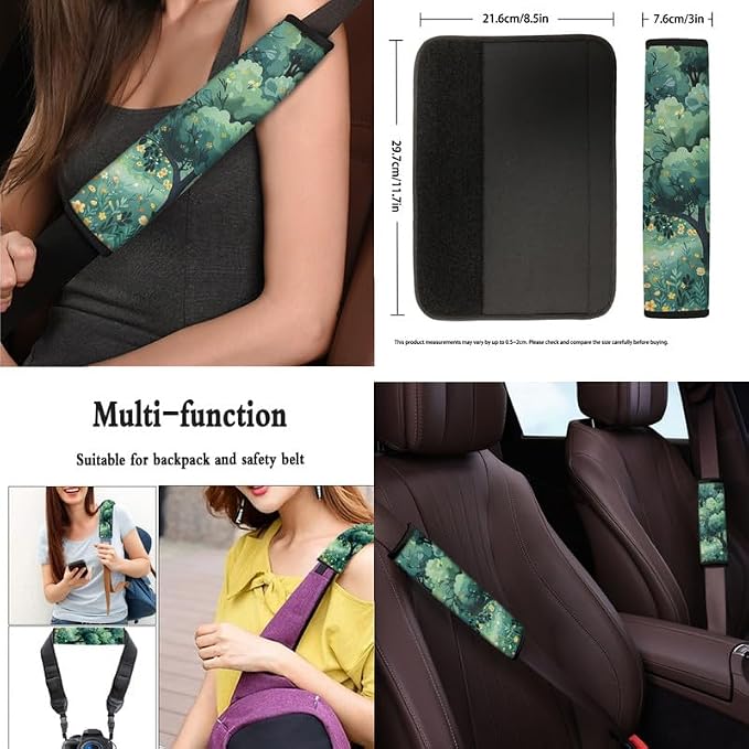Forest Flower Hand Drawing 13 Pcs Seat Covers Full Set Tree Art Painting Front and Back Seat Covers Steering Wheel Cover Seatbelt Strap Cover Cup Mat Keychains