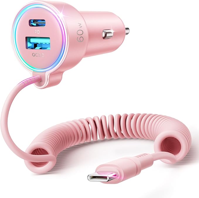 USB C 60W Super Fast Car Charger PD& QC3.0 with 5ft 30W Type C Coiled Cable, Car Phone Charger Adapter for iPhone 15 Pro Max Plus, Samsung Galaxy S23/S22/S21, Google Pixel/Moto/LG/Android, iPad Pro