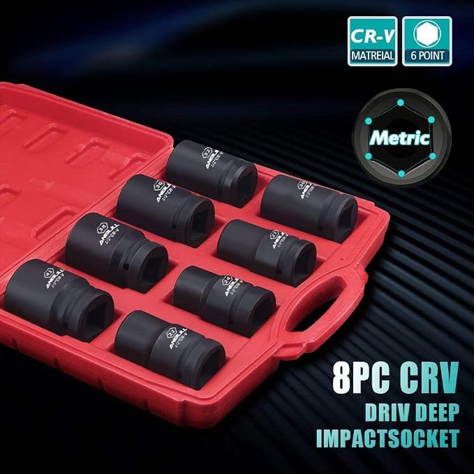 Anbull 1" Drive Jumbo Impact Socket Set, 9 Pieces Universal Hex Deep Socket Set with Heavy Duty Storage Case, Metric and Standard Sizes (22,24,27,30,32,36,38,41mm), Cr-V Steel