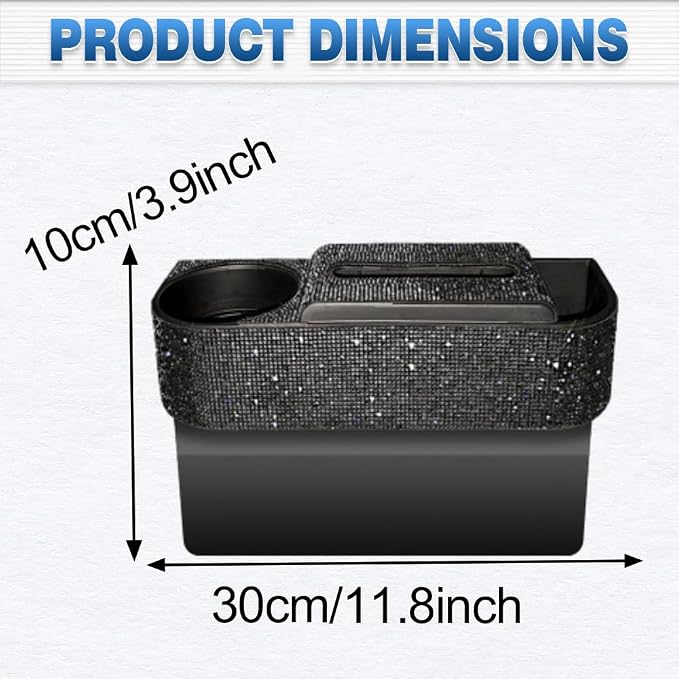 Auto Gap Filler Multifunctional Car Seat Organizer, Multi-Function Tissue Storage Box w/Cup Holder, Auto Console Side Storage Box, Black Rhinestone - Black