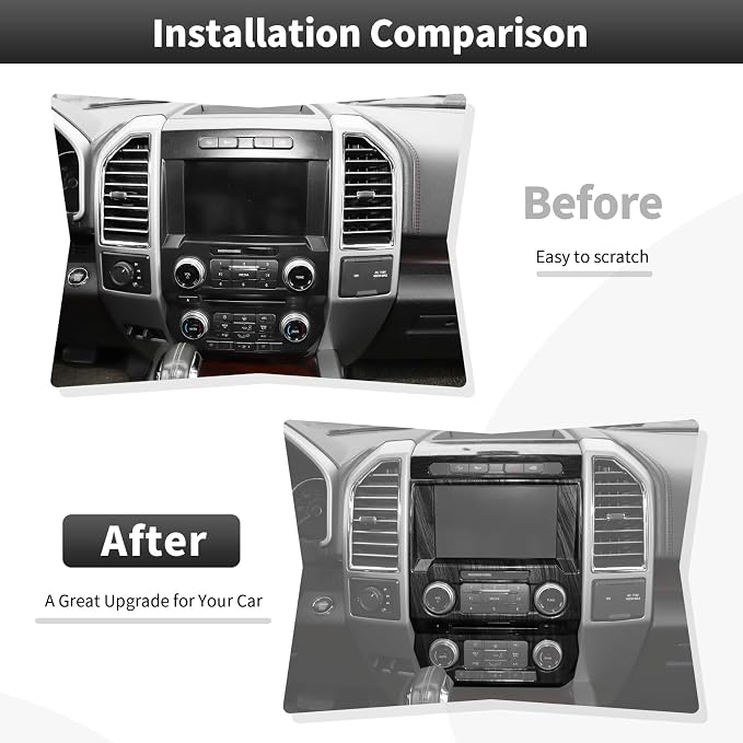 CheroCar Black Wood Grain Central Control Navigation & Emergency Light Control Panel Trim Cover Kit Fit for Ford F150 2015-2020 Hazard Light Switch & GPS Screen Surround Decorative Bezels