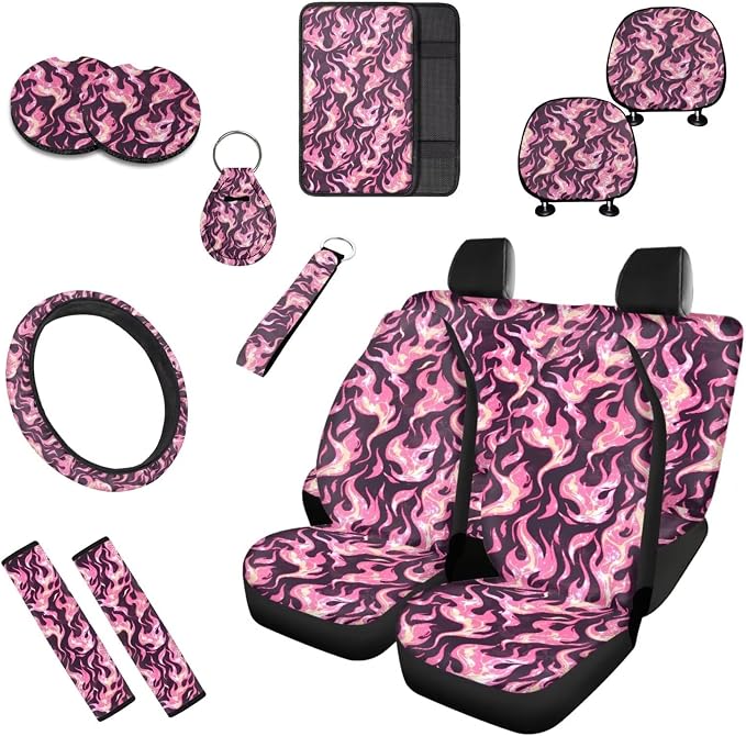 Pink Flame Graphic 13 Set Car Seat Cover, Color Fire Print Cup Holder Coasters Headrest Cover, 3D Flame Graphics Steering Wheel Cover Seat Belt Cover Keychain