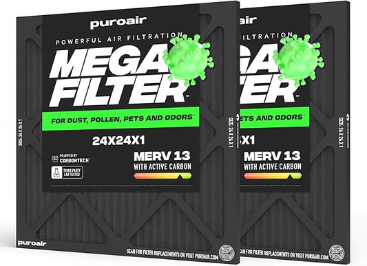 PuroAir MegaFilter - 24x24x1 Air Filter MERV 13 Activated CarbonTech Defense - Heavy Duty 3 Layer Furnace Filters Allergens, Pollen, Dust, Pet Dander, Smoke, Odors - HVAC Air Filter 24x24x1 (2-Pack)