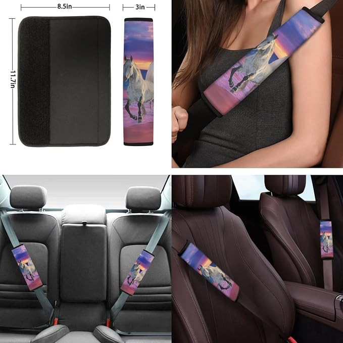 Suobstales Beach Horse Car Seat Covers for Women Animal Print Car Accessories with Steering Wheel Cover, Universal Seat Belt Pads, Cup Coaster, Keychain Full Set Interior Cover for Trucks SUV Van