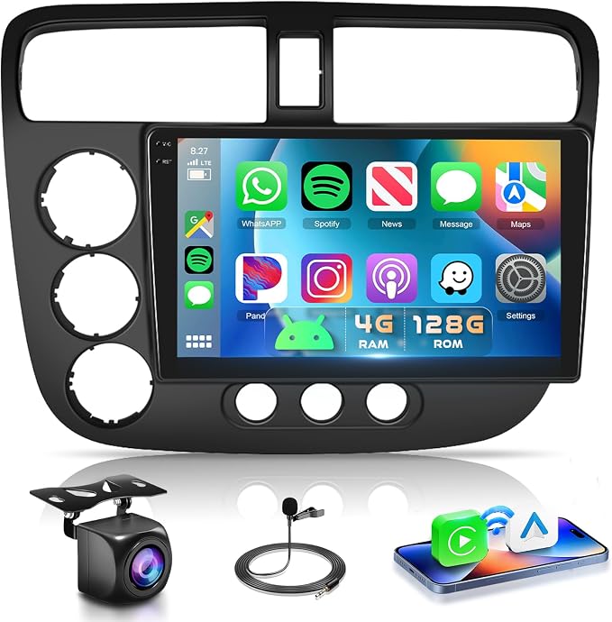 4G+128G Car Radio for Honda Civic 2001-2005 Stereo 9 inch in-Cell Screen Full Touchscreen Wireless CarPlay/Android Auto Android 15 Bluetooth DSP FM/RDS GPS WiFi SWC AHD Backup Camera