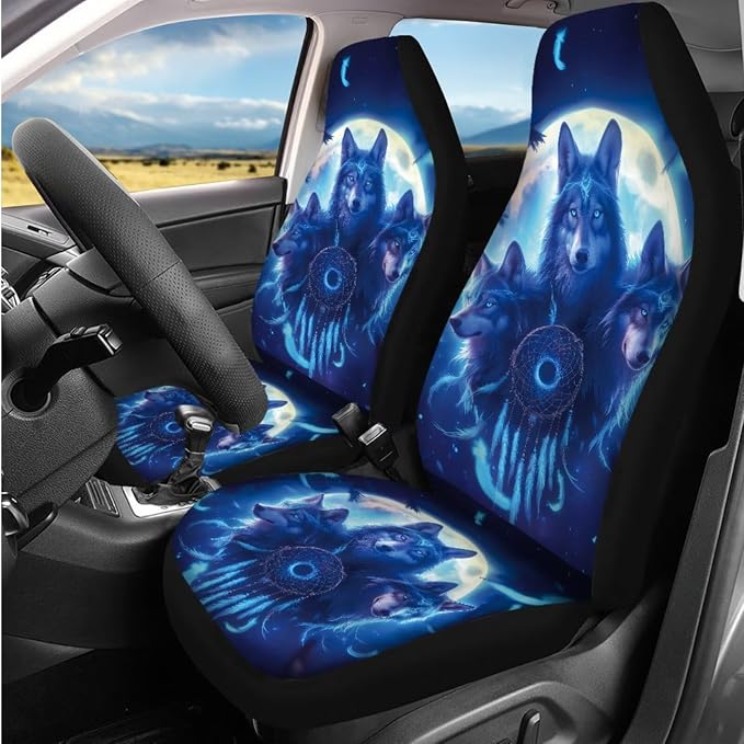 Bulopur Wolf Dreamcatcher Vehicle Seat Covers Set with 15 Inch Steering Wheel Cover Breathable Center Console Cover Seat Headrest Covers Seat Belt Pads Car Interior Accessories Set for SUV Van Sedan