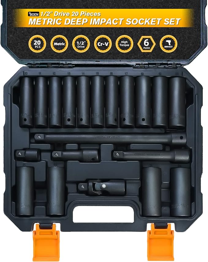 BOEN 32 Piece SAE and Metric 1/2 inch deep impact socket set, Black Phosphate Coating, 6 Point Design, Meets ANSI Standards