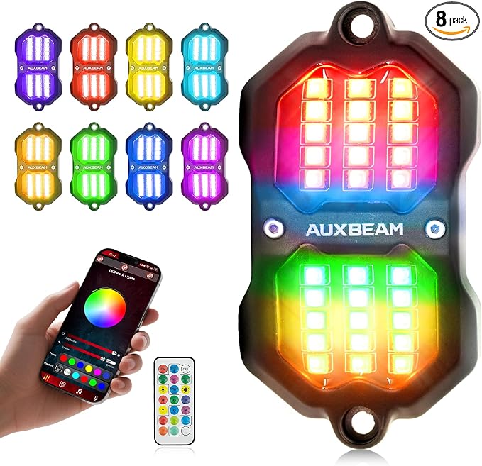 Auxbeam 8 Pods Chasing Color RGB LED Rock Lights, Bluetooth APP&Remote Control, Wheel Well Lights w/Brake Mode, Music&Voice Sync Underglow for Trucks Offroads RVs Boats Waterproof, 2-Year Warranty