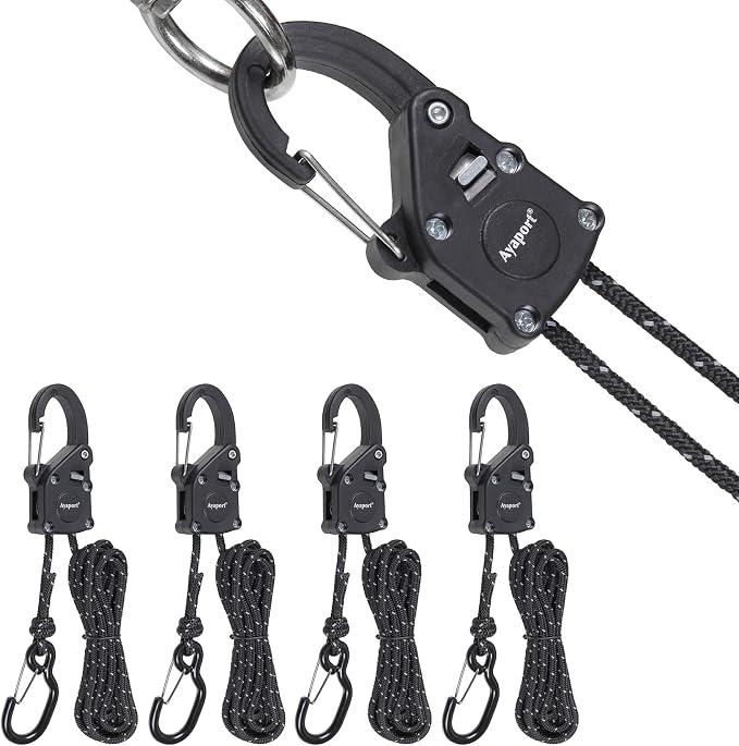Ayaport Rope Tie Down Ratchet with Carabiner Clip 1/8" x 8' Rope Hanger Cord Tightener Heavy Duty Construction Kayak tie Downs for Tent, Tarp, Camping