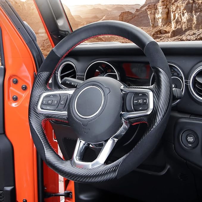 Hand-Sewing Steering Wheel Wrap Cover Black Suede/Matte Carbon Fiber Interior Protection Accessories for Jeep Wrangle 2018-2022 Jeep Gladiator 2020-2022 (Black Carbon Fiber)