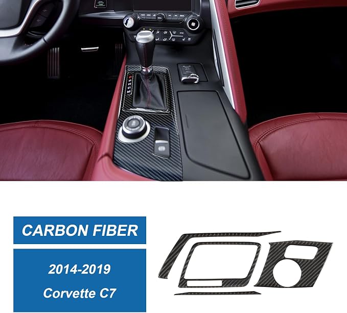 Real Carbon Fiber Center Control Gear Shift Panel Trim Compatible with Corvette C7 2014–2019, Interior Decal Sticker Accessories