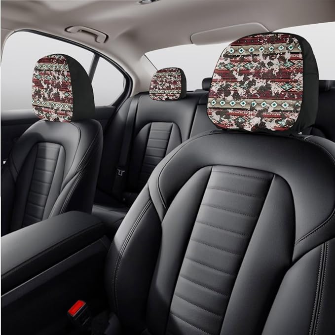 Wanyint Aztec Cow Print Red Retro Auto Seat Cover Full Set with Steering Wheel Cover Shift Knob Handbrake Protector Coasters Head Rest Covers Universal Fit Most Cars SUV Sedans, Pack of 11