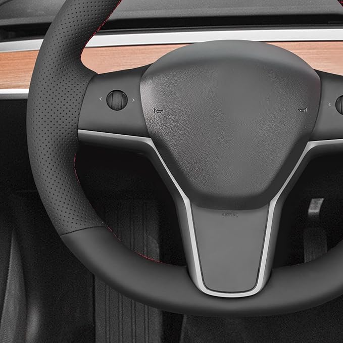 MEWANT Hand Stitch Steering Wheel Cover for Tesla Model Y 2020-2023 Model 3 2017-2023 Made of Black Genuine Leather