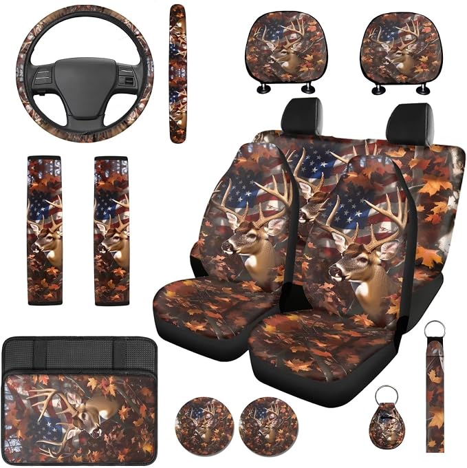 Bulopur Deer Hunting Camo Auto Seat Covers Front And Backseat with Patriotic Automotive Steering Wheel Cover Cloth Armrest Cushion Pad Anti-Scratch Seat Headrest Cover 14 Piece Car Interior Decor Set