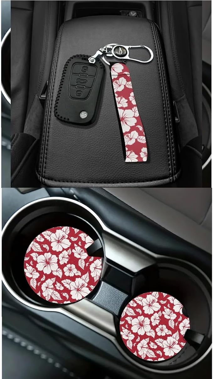 Dreaweet Car Seat Covers Full Set for Women Red Hibiscus Flowers Car Accessories Seat Cover with Steering Wheel Cover Seat Belt Pad Coasters Garbage Bag Air Vent Pouch Rear View Mirror Cover Keychain