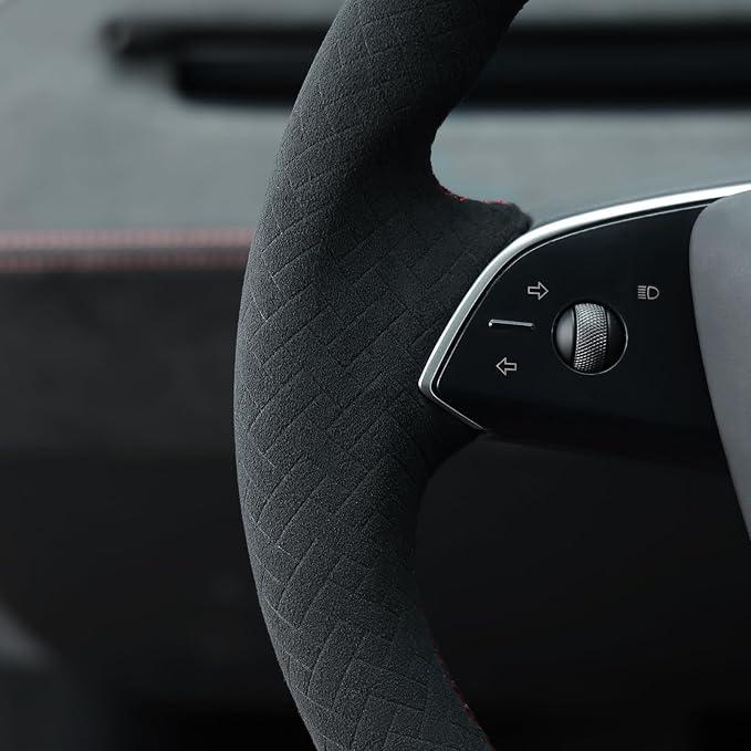 MEWANT Hand Stitch Real Leather Embossed Athsuede Steering Wheel Cover for Tesla Model 3 Highland 2025 Model Y Juniper
