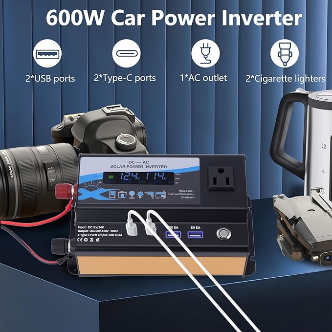 600W Car Power Inverter, 12V/24V Car Plug Adapter Outlet Converter with Dual Type C, Dual USB Dual, Dual Cigar Lighter, Single AC Outlet for Cars Trucks US Plug (Black)