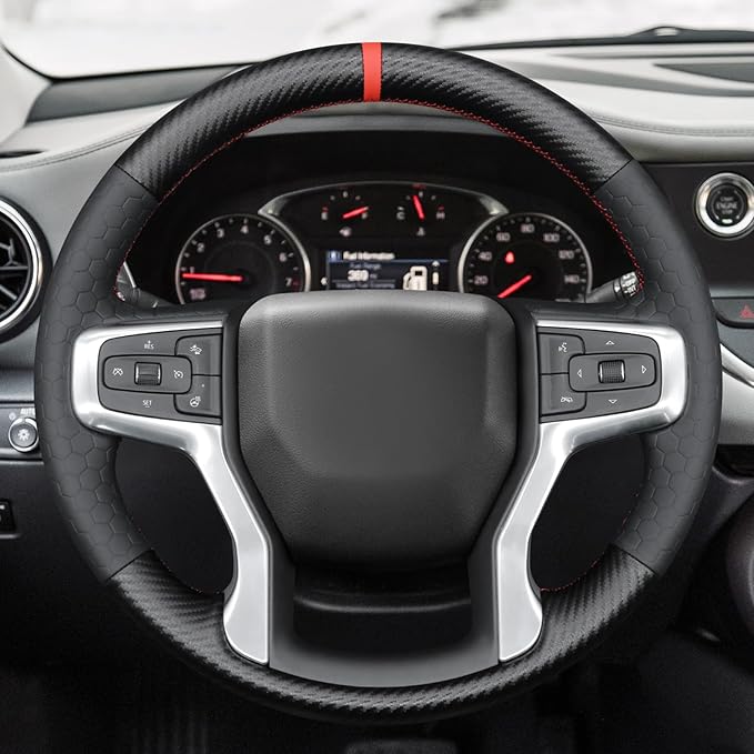 MEWANT DIY Embossed Faux Leather PU Carbon Fiber Steering Wheel Cover for Chevy Silverado 1500 Blazer Suburban Tahoe