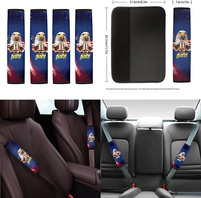 Eagle Print Car Seat Covers Set of 18 American Flag Print Car Front Rear Seat Covers with Steering Wheel Cover Safety Belt Pad Armrest Cushion 250 Years Interior Decor for Cars